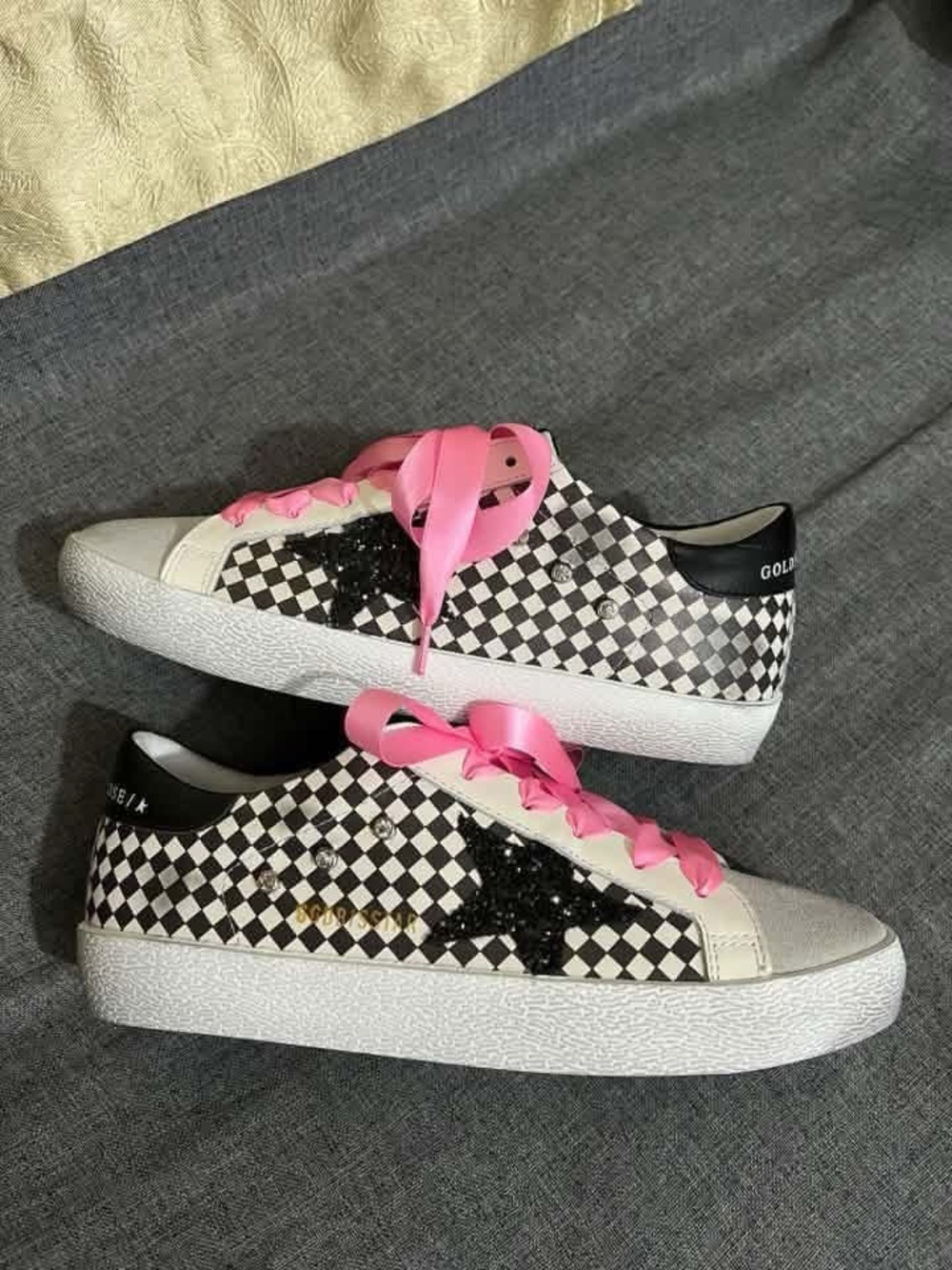 NEWGolden Goose look a like Checkerboard Sneakers with Pink Laces and Black Star